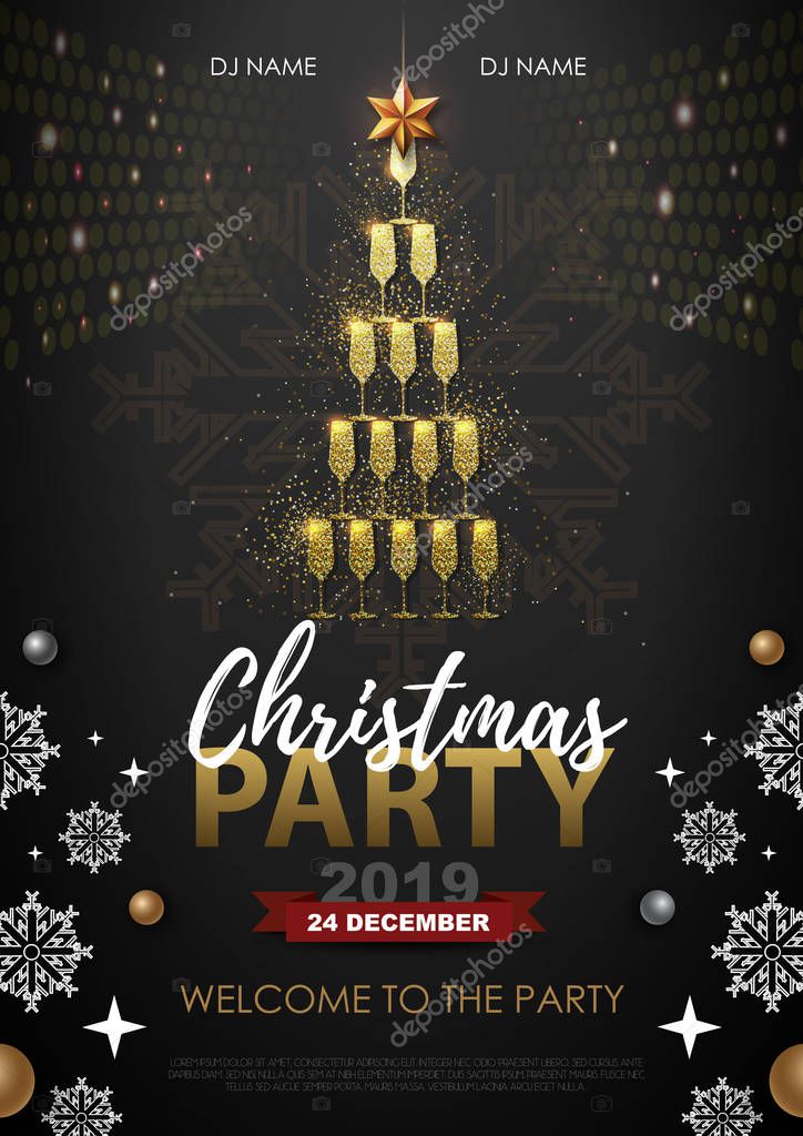 Christmas party poster with golden champagne glasses. Golden Christmas tree on red background