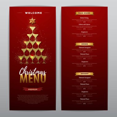 Christmas menu design with golden champagne glasses. Restaurant menu. Pyramid of champagne glasses clipart