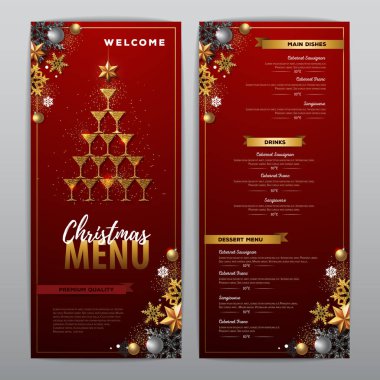 Noel menü tasarımı ile altın şampanya bardağı. Restoran menü. Şampanya bardağı Piramidi