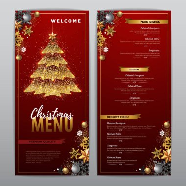 Noel menüsü ile altın Noel ağacı tasarım. Restoran menü.