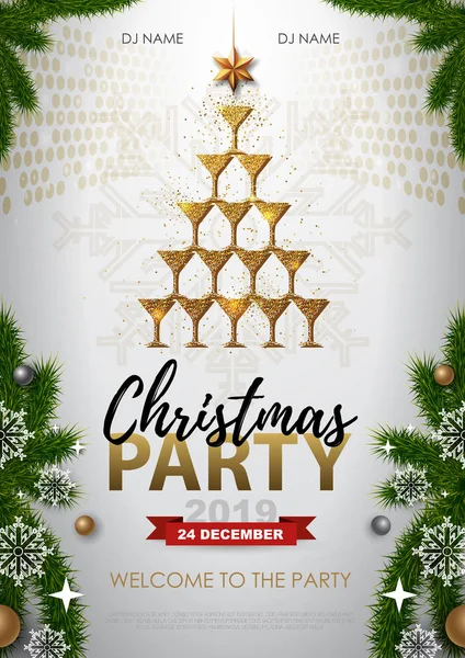 Christmas Party Plakat Golden Kieliszka Szampana Złotą Choinkę Białym Tle — Wektor stockowy