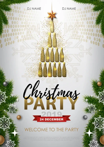 Christmas Party Poster Golden Champagne Glass Golden Christmas Tree White — Stock Vector