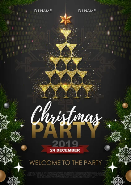 圣诞派对海报与金色的香槟杯 金色圣诞树 — 图库矢量图片