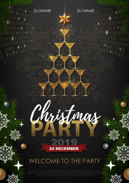 Christmas Party Plakat Golden Kieliszka Szampana Złotą Choinkę — Wektor stockowy