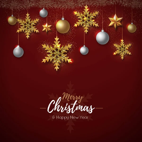 Boże Narodzenie Plakat Złote Płatki Śniegu Boże Narodzenie Życzeniami — Wektor stockowy