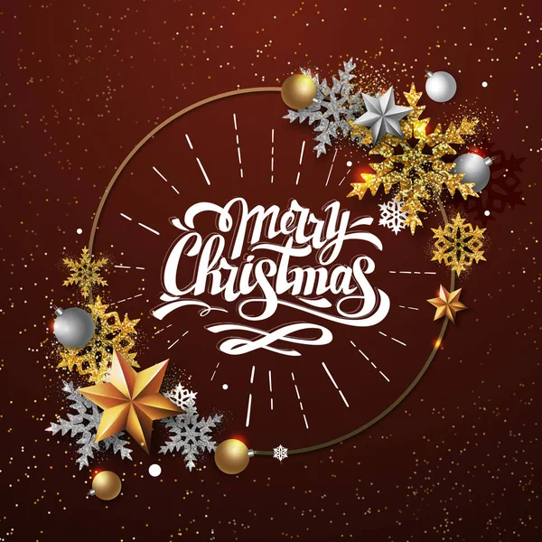 Christmas Poster Golden Snowflakes Christmas Greeting Card — Stock Vector