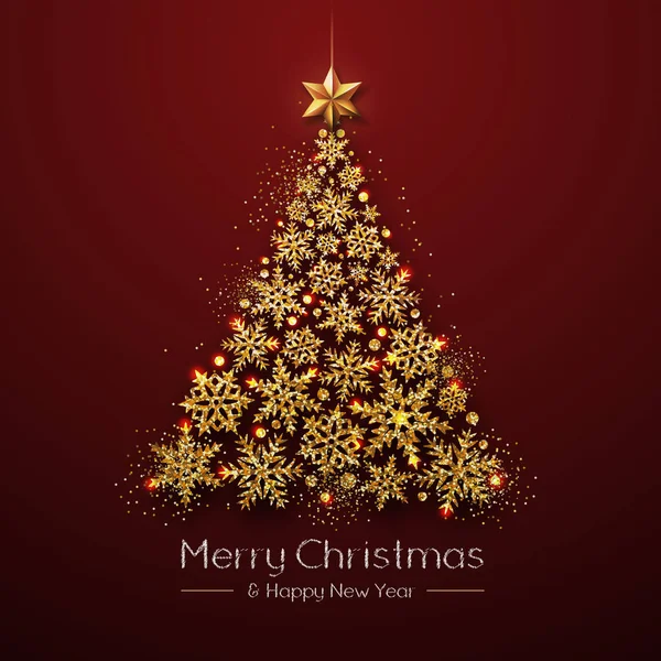 Kerst Poster Met Gouden Kerstboom Christmas Wenskaart — Stockvector