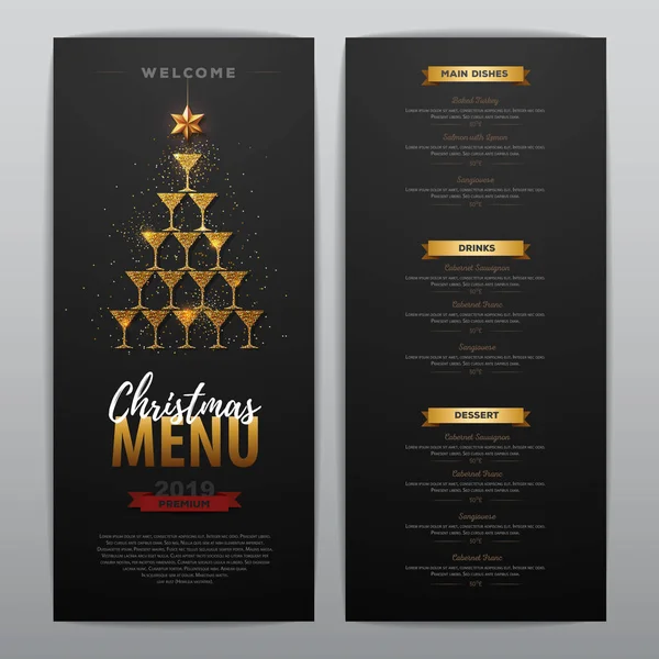 Design Menu Natal Com Taças Champanhe Dourado Menu Restaurante Pirâmide — Vetor de Stock
