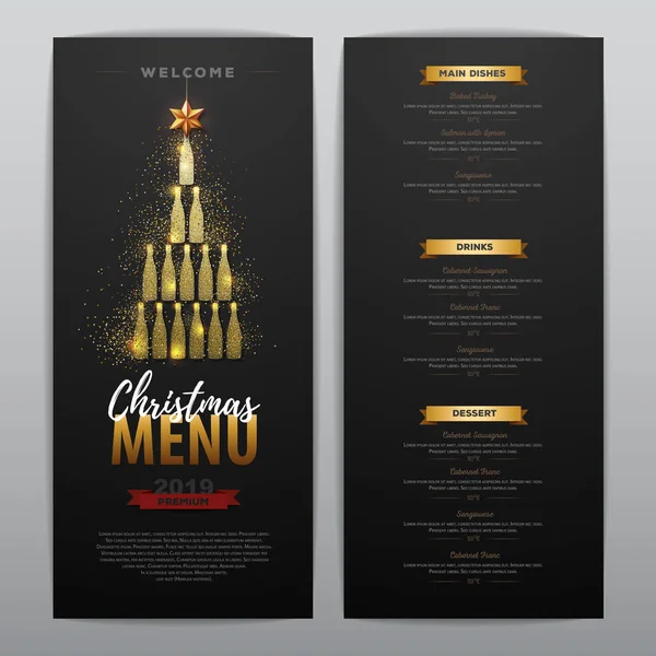 Conception Menu Noël Avec Des Bouteilles Champagne Dorées Menu Restaurant — Image vectorielle