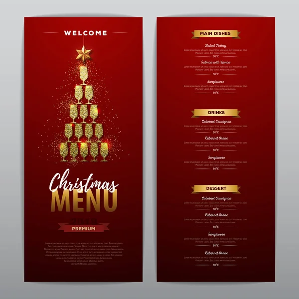 Noel Menü Tasarımı Ile Altın Şampanya Bardağı Restoran Menü Şampanya — Stok Vektör
