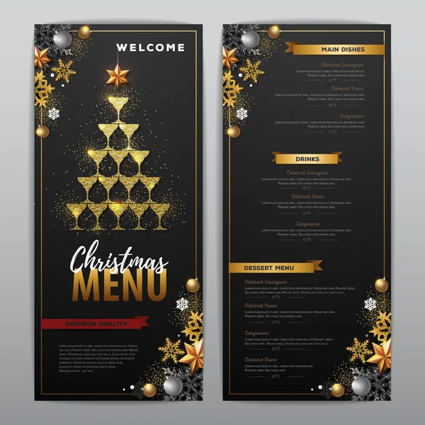 Menu Design Natalizio Con Bicchieri Champagne Dorati Menu Del Ristorante — Vettoriale Stock