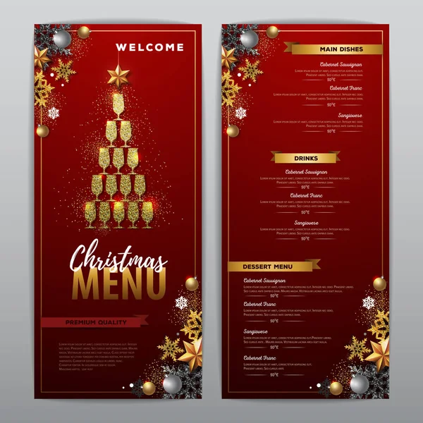 Diseño Menú Navideño Con Copas Champán Dorado Menú Del Restaurante — Vector de stock