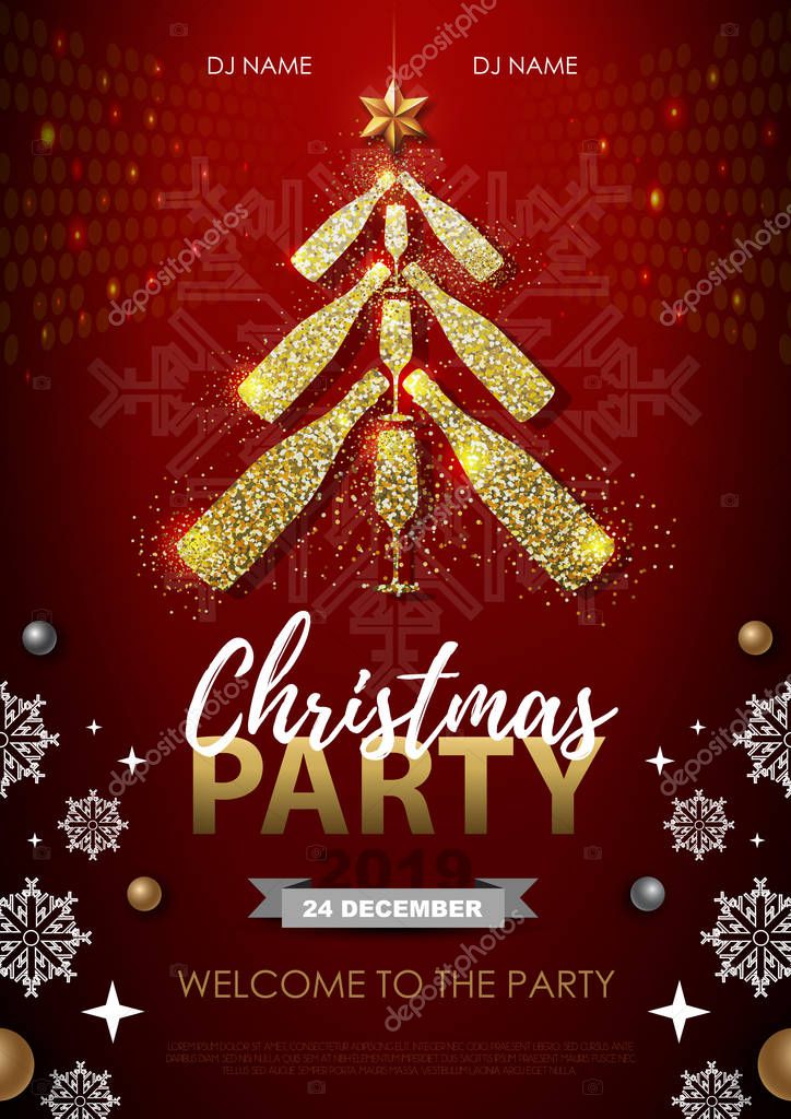Christmas party poster with golden champagne bottles. Golden Christmas tree on red background