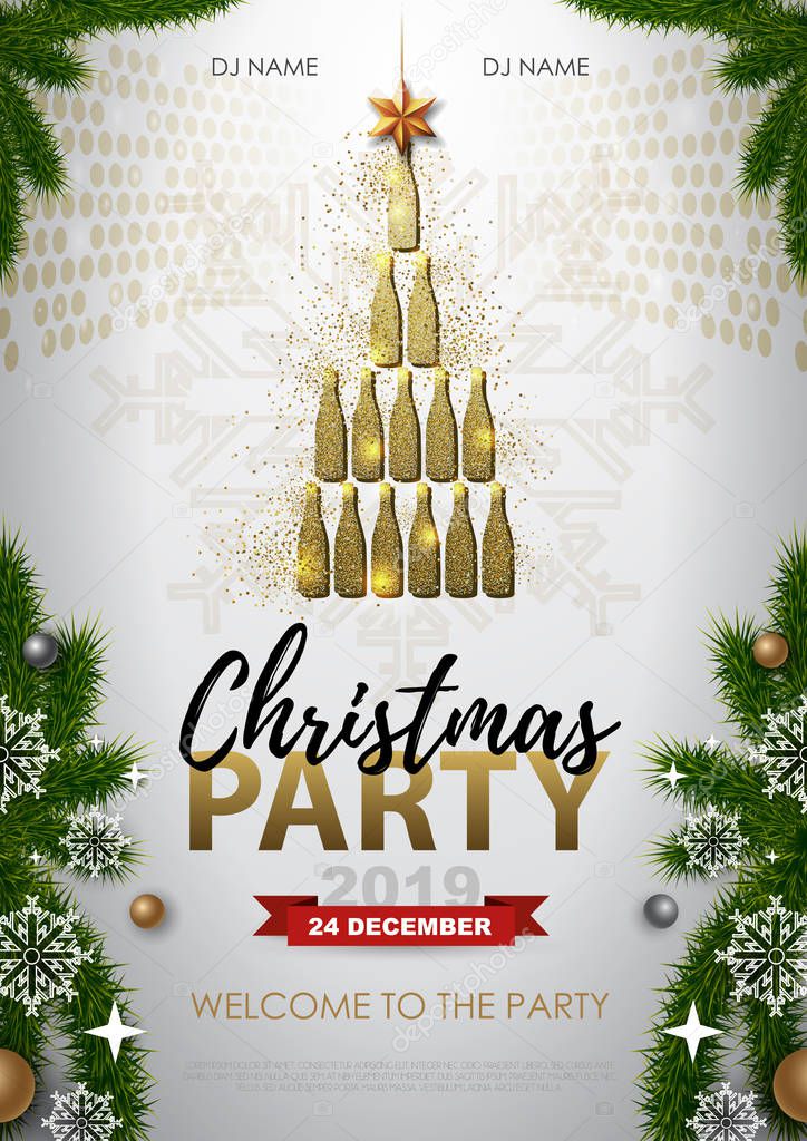 Christmas party poster with golden champagne glass. Golden Christmas tree on white background