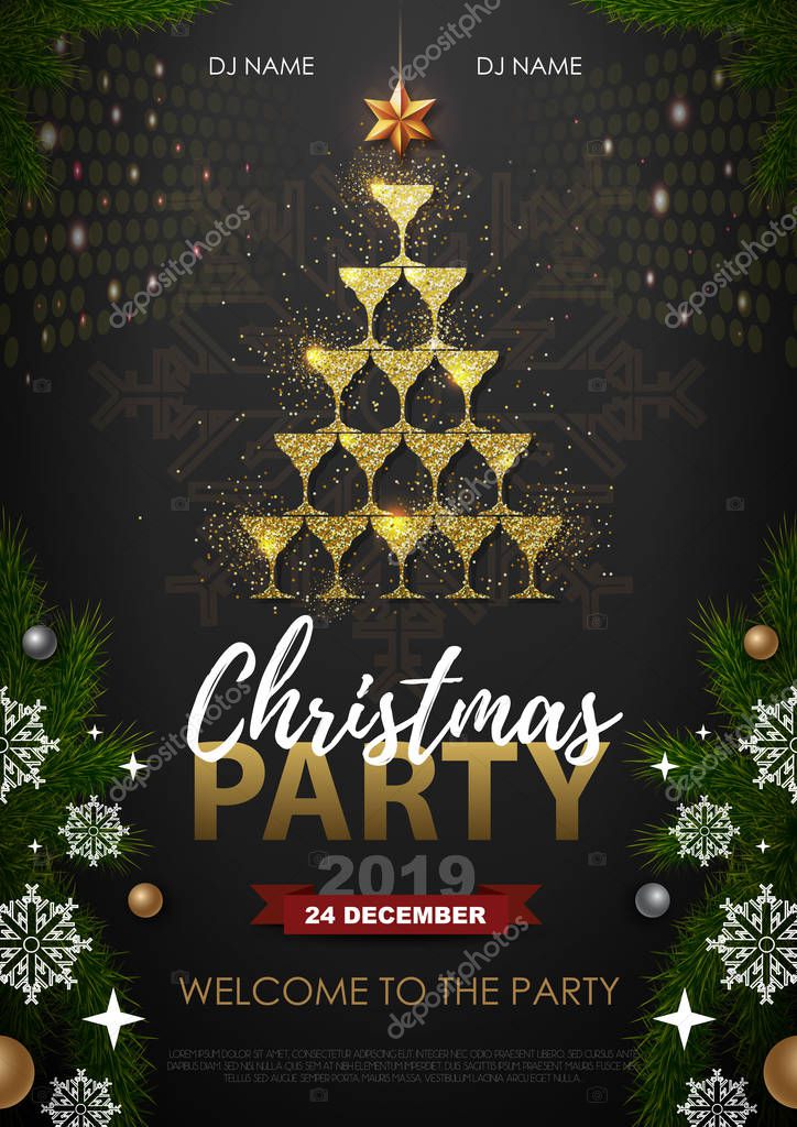 Christmas party poster with golden champagne glass. Golden Christmas tree