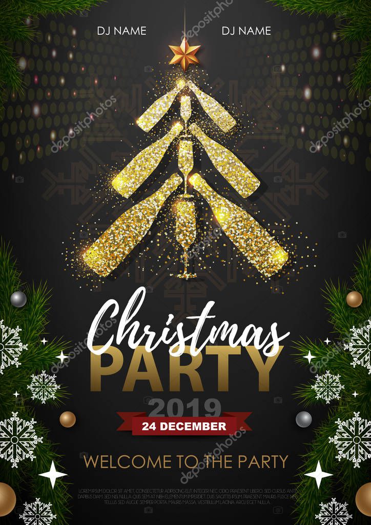 Christmas party poster with golden champagne glass. Golden Christmas tree