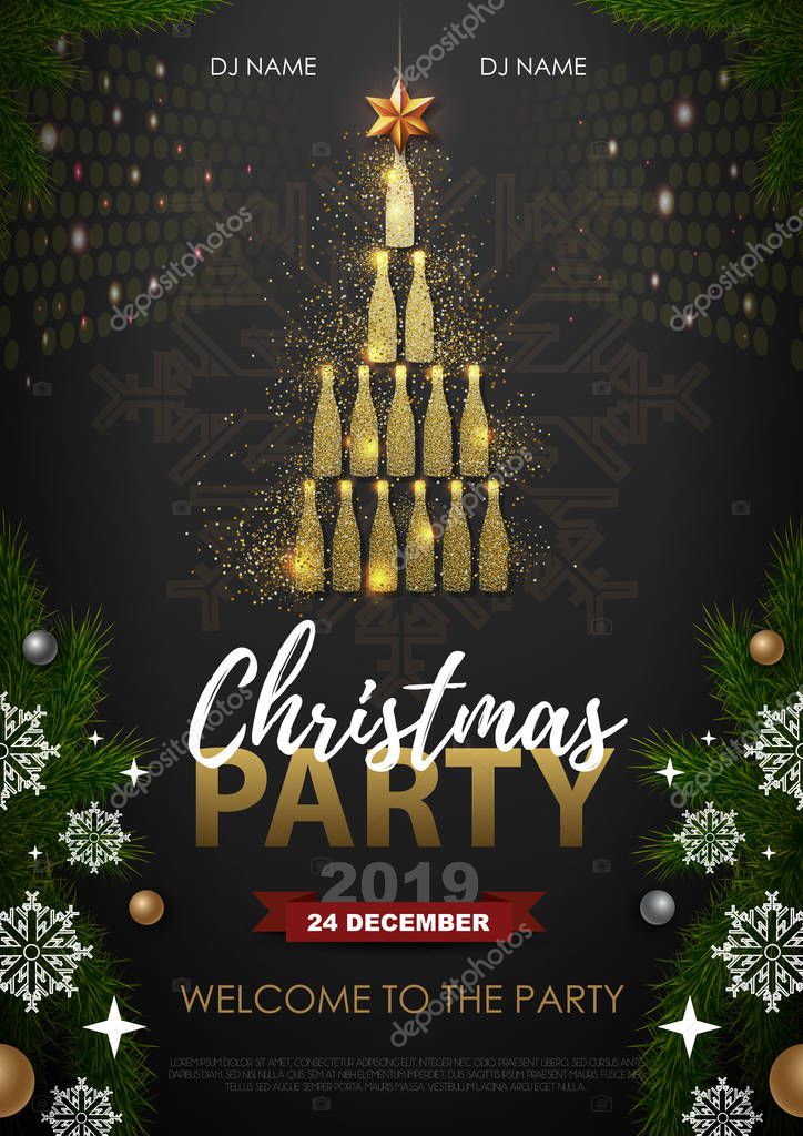 Christmas party poster with golden champagne glass. Golden Christmas tree