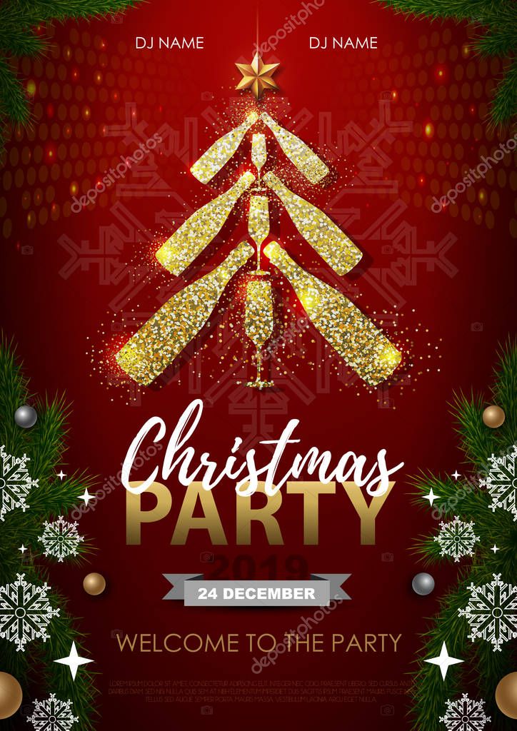 Christmas party poster with golden champagne glass. Golden Christmas tree on red background