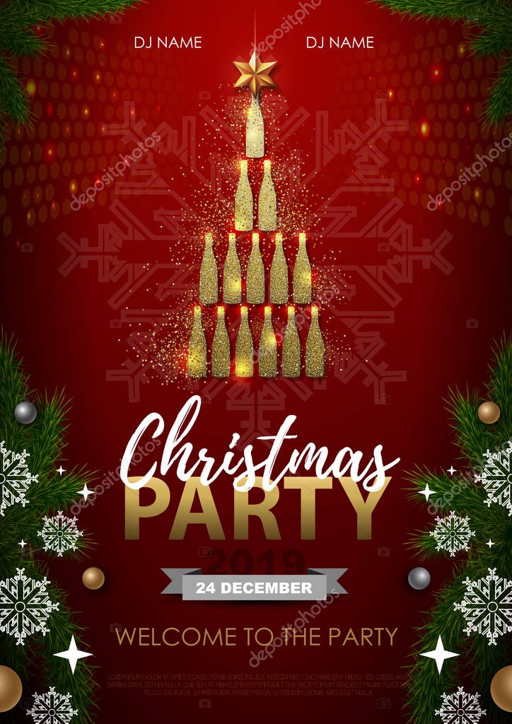 Christmas party poster with golden champagne glass. Golden Christmas tree on red background