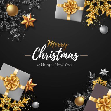 Altın Noel kar taneleri ve hediyeleri Noel poster