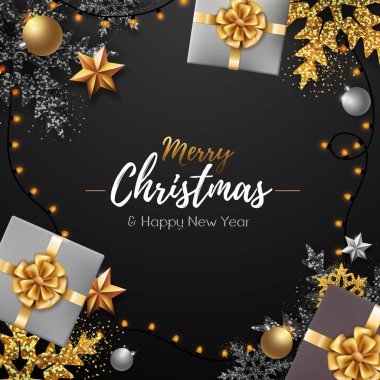 Altın Noel kar taneleri ve hediyeleri Noel poster
