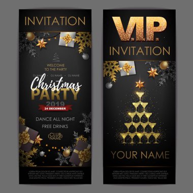 Christmas poster with golden champagne glasses. Invitation design. Pyramid of champagne glasses clipart