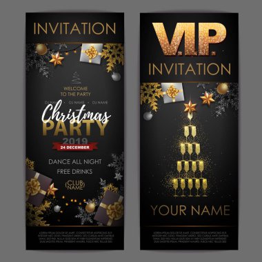 Christmas poster with golden champagne glasses. Invitation design. Pyramid of champagne glasses clipart