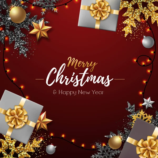 Affiche Noël Avec Des Flocons Neige Des Cadeaux Noël Dorés — Image vectorielle