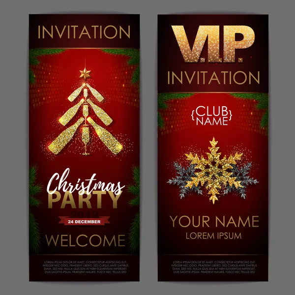 Affiche Noël Avec Des Bouteilles Champagne Dorées Invitation Design Pyramide — Image vectorielle