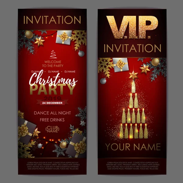 Christmas Poster Golden Champagne Bottles Invitation Design Pyramid Champagne Bottles — Stock Vector