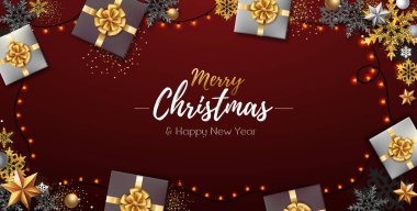 Altın Noel kar taneleri ve hediyeleri Noel poster