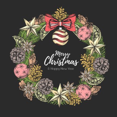 Christmas concept design. Christmas holiday decorative wreath. Hand drawing vector illustration clipart