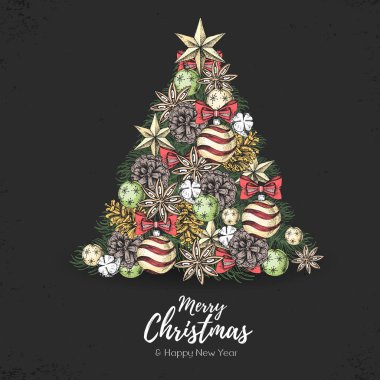 Christmas concept design. Holiday decorative Christmas tree. Hand drawing vector illustration clipart
