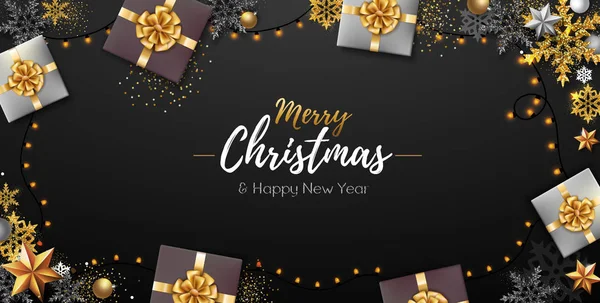Affiche de Noël avec des flocons de neige et des cadeaux de Noël dorés — Image vectorielle