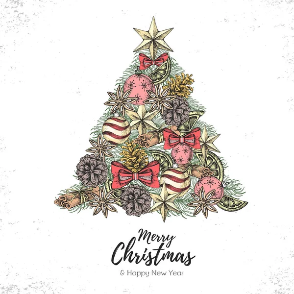 Design de conceito de Natal. Árvore de Natal decorativa. Desenho manual ilustração vetorial —  Vetores de Stock