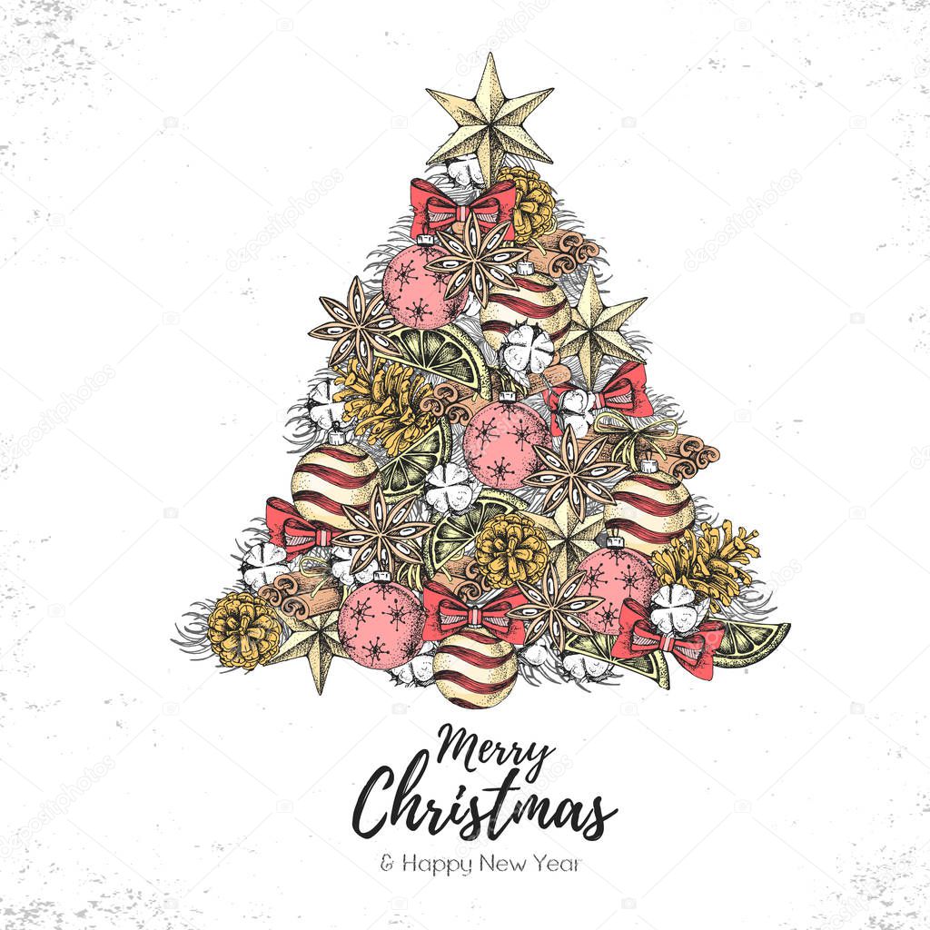 Christmas concept design. Holiday decorative Christmas tree. Hand drawing vector illustration