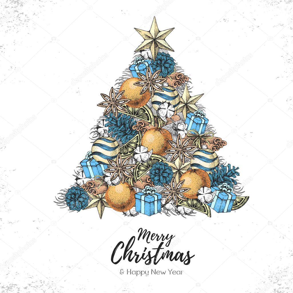 Christmas concept design. Holiday decorative Christmas tree. Hand drawing vector illustration