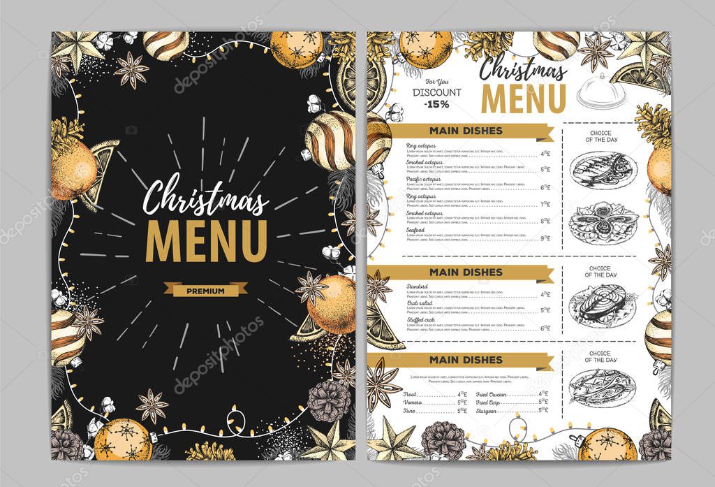 Hand drawing Christmas holiday menu design. Restaurant menu