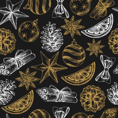 Noel tatil el Dikişsiz desen çizimi. Noel öznitelikleri arka plan