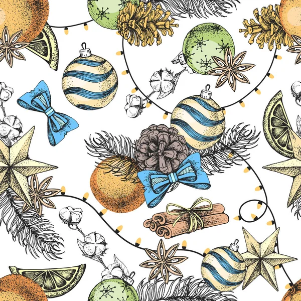 Navidad Vacaciones Dibujo Mano Patrón Sin Costuras Navidad Atributos Fondo — Archivo Imágenes Vectoriales