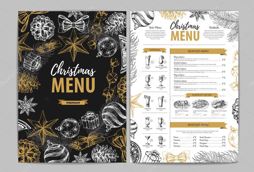 Hand drawing Christmas holiday menu design. Restaurant menu