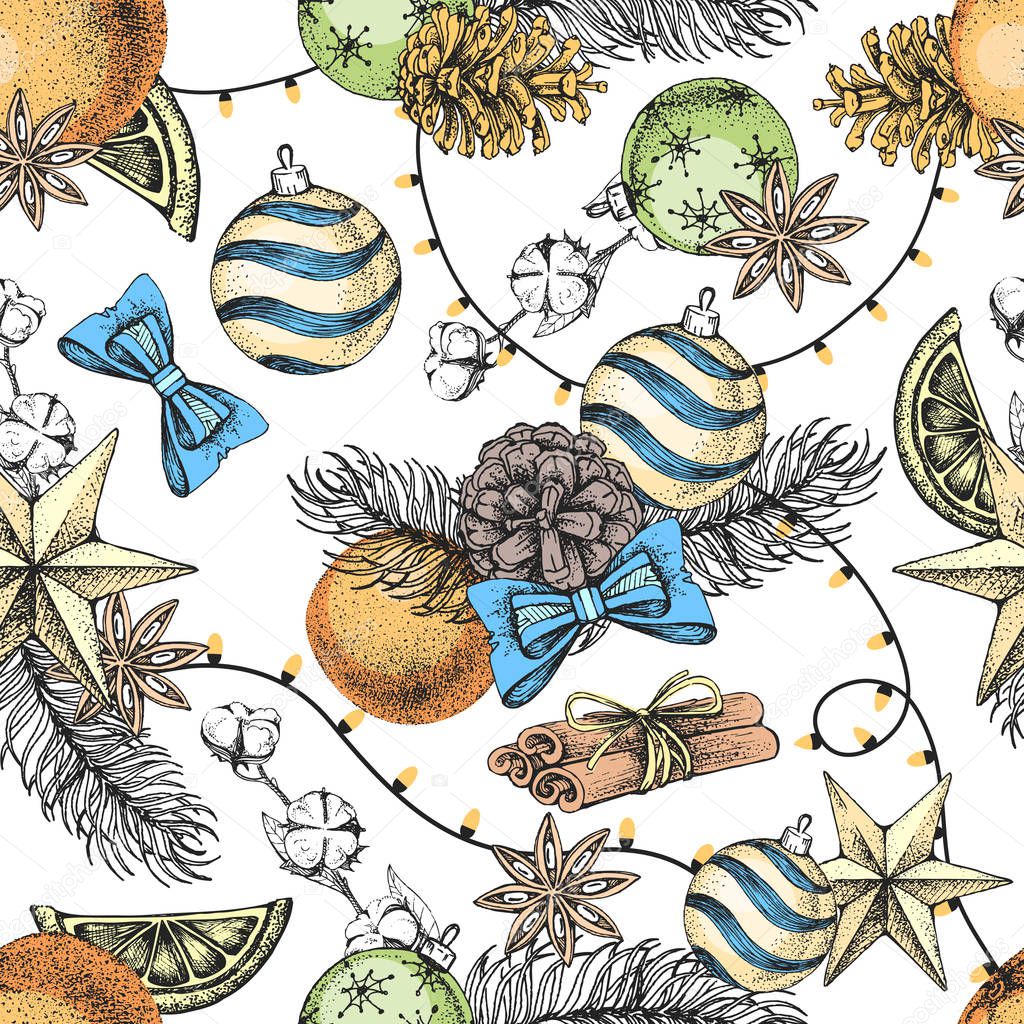 Christmas holiday hand drawing seamless pattern. Christmas attributes background