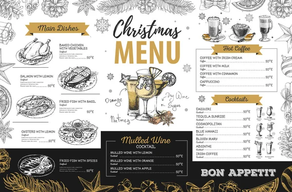 Dibujo Mano Diseño Menú Navideño Menú Restaurante — Vector de stock