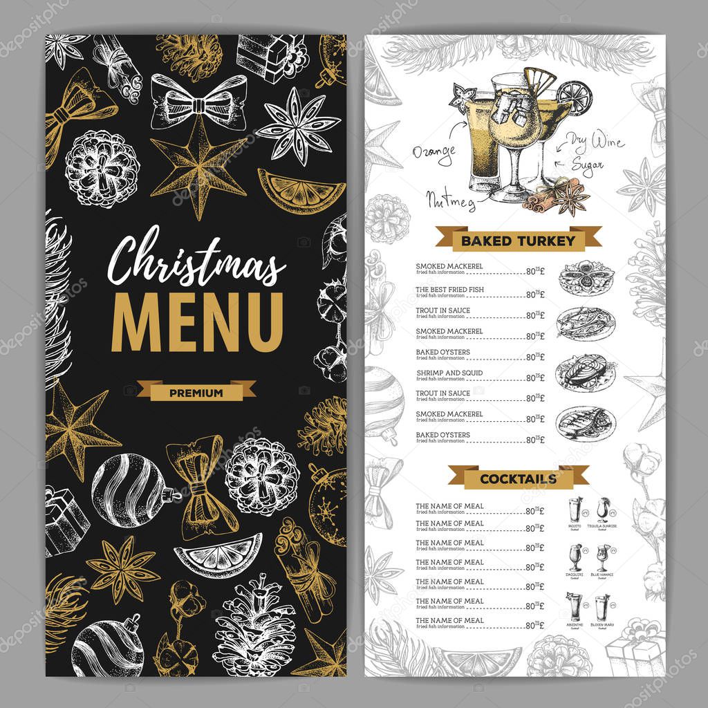 Hand drawing Christmas holiday menu design. Restaurant menu