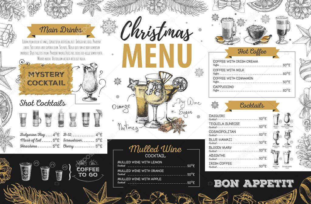 Hand drawing Christmas holiday menu design. Restaurant menu