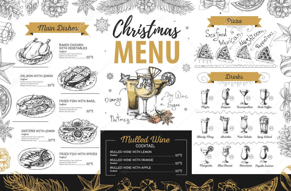 Hand drawing Christmas holiday menu design. Restaurant menu