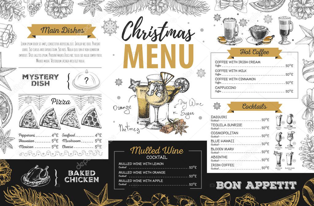 Hand drawing Christmas holiday menu design. Restaurant menu