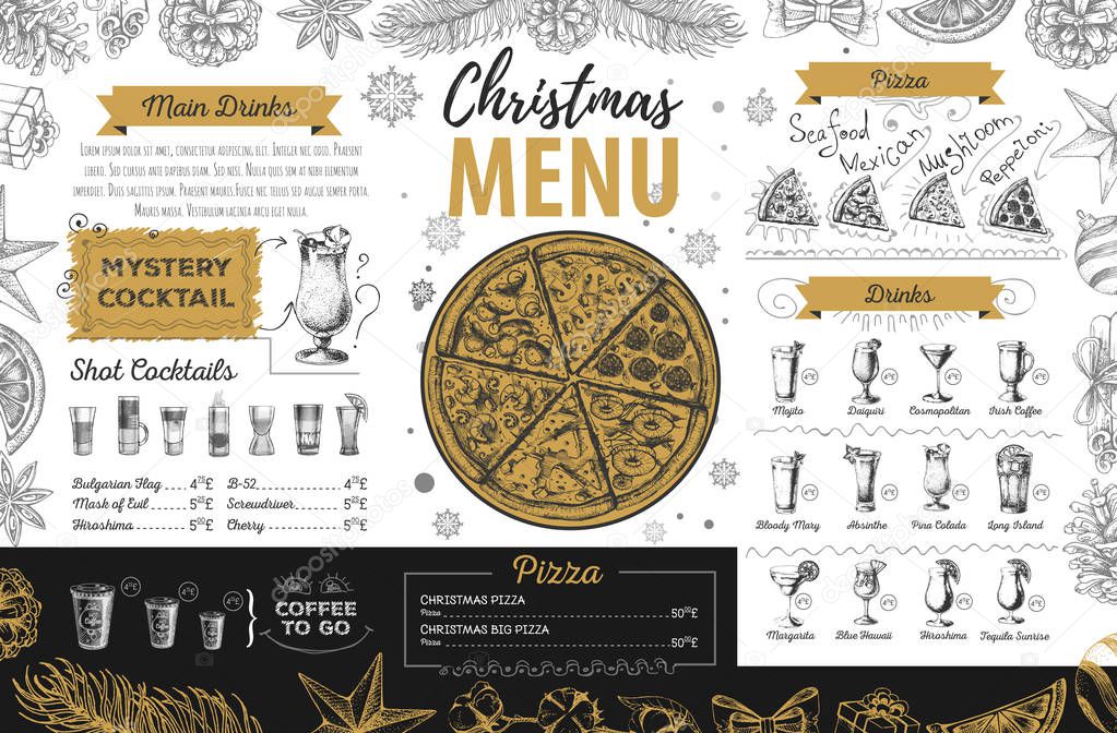 Hand drawing Christmas holiday menu design. Restaurant menu