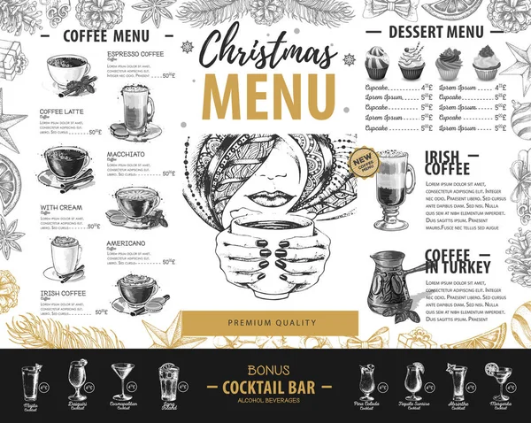 Dibujo Mano Diseño Menú Navideño Menú Restaurante — Vector de stock