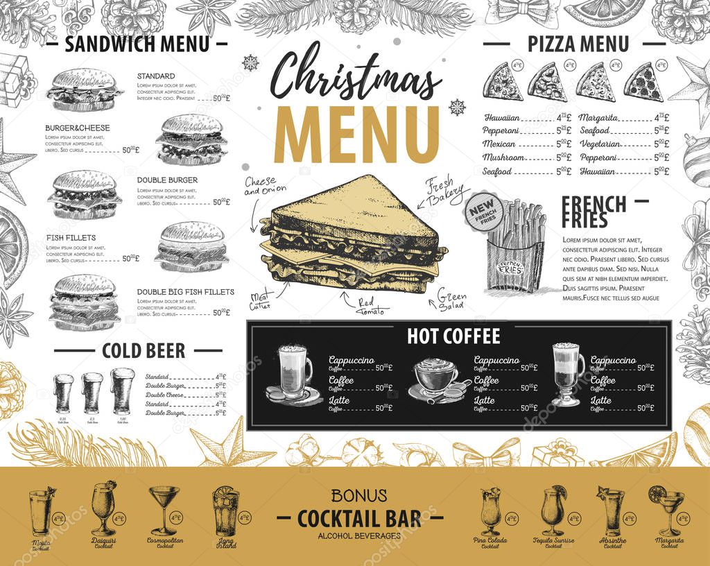 Hand drawing Christmas holiday menu design. Restaurant menu